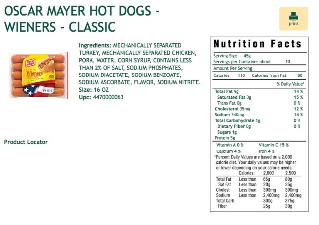 This is a screenshot of the ingredients and nutritional information for the Oscar Mayer Classic Hot Dog-Weiner. The original can be found here.